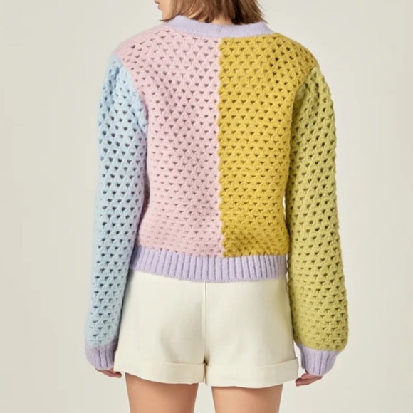 English Factory Contrast Detail Cardigan Medium Whimsical Colorblock Pastel - Picture 2 of 6